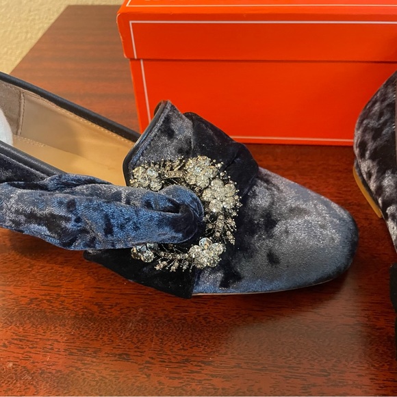 NIB Anthropologie Bill Blass Velvet Leather Blue Crystal Loafers - Picture 4 of 8